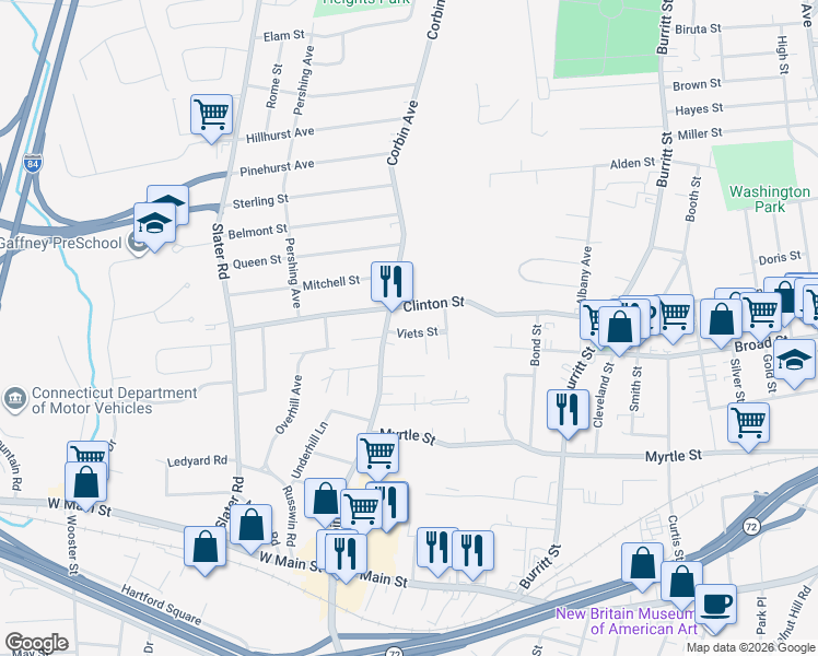 map of restaurants, bars, coffee shops, grocery stores, and more near 22 Viets Street in New Britain