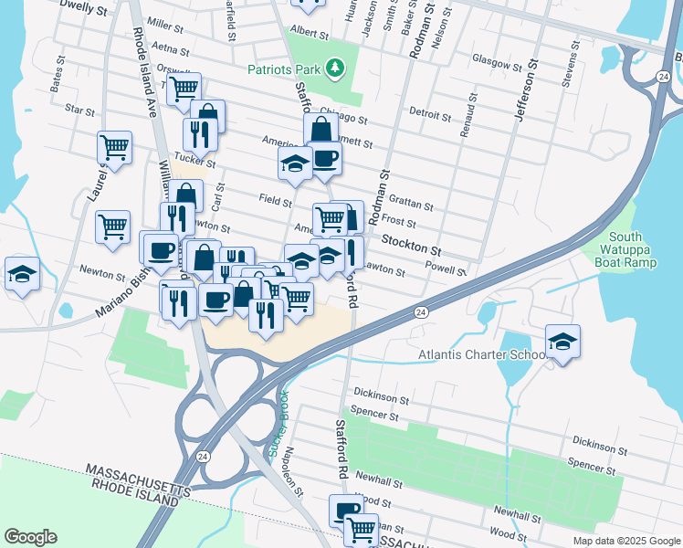 map of restaurants, bars, coffee shops, grocery stores, and more near 1187 Stafford Road in Fall River