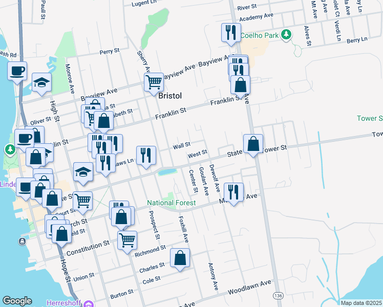 map of restaurants, bars, coffee shops, grocery stores, and more near 33 Center Street in Bristol