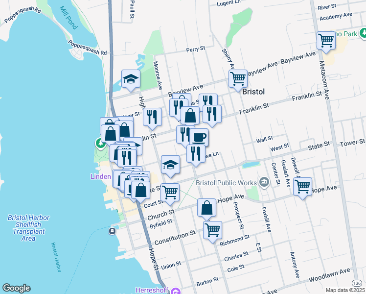 map of restaurants, bars, coffee shops, grocery stores, and more near 163 Bradford Street in Bristol