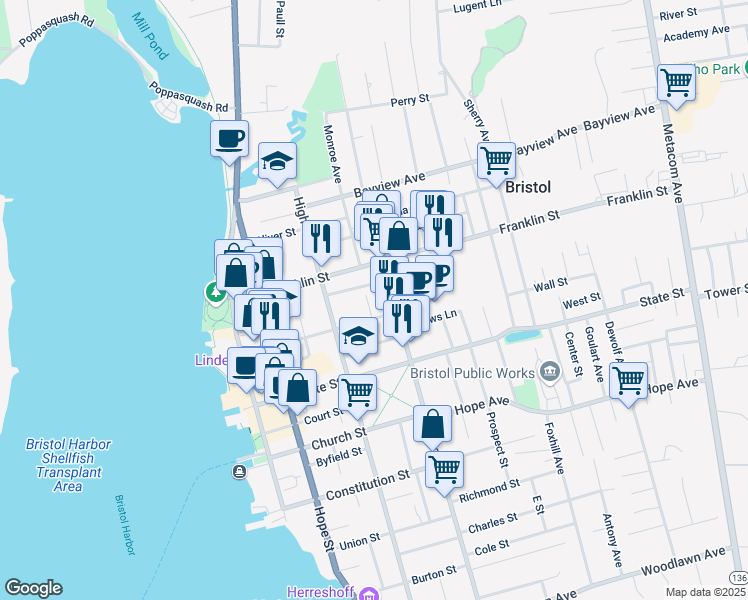 map of restaurants, bars, coffee shops, grocery stores, and more near 163 Bradford Street in Bristol