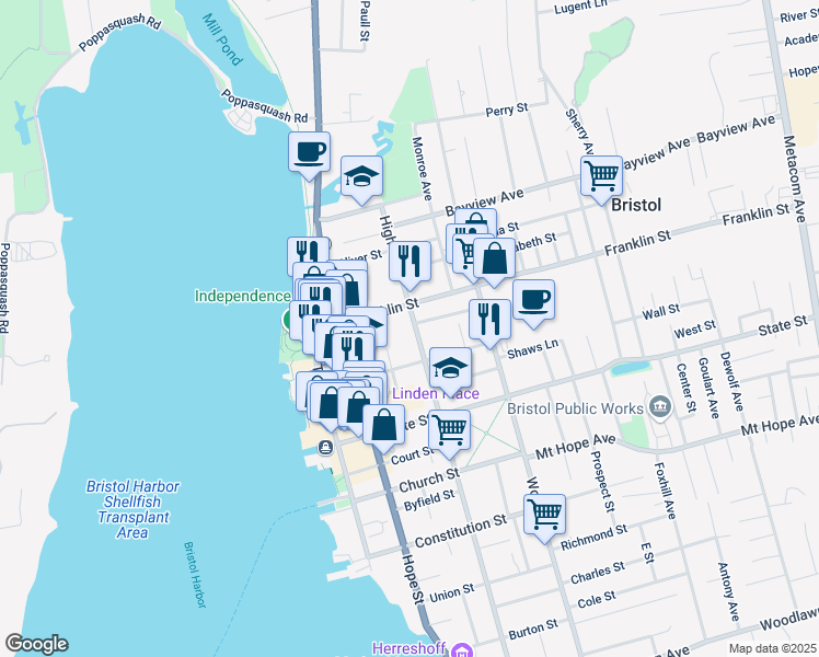 map of restaurants, bars, coffee shops, grocery stores, and more near 34 Central Street in Bristol