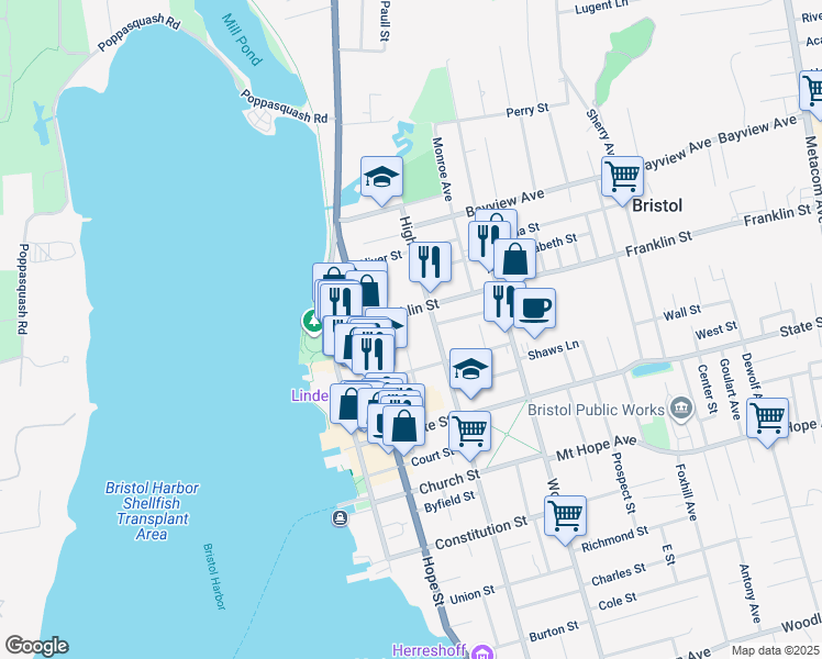 map of restaurants, bars, coffee shops, grocery stores, and more near 34 Central Street in Bristol
