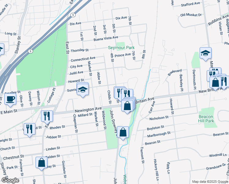 map of restaurants, bars, coffee shops, grocery stores, and more near 31 Childs Street in New Britain