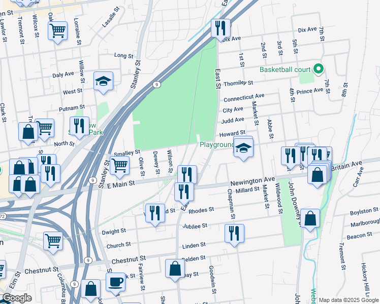map of restaurants, bars, coffee shops, grocery stores, and more near 32 Cottage Place in New Britain