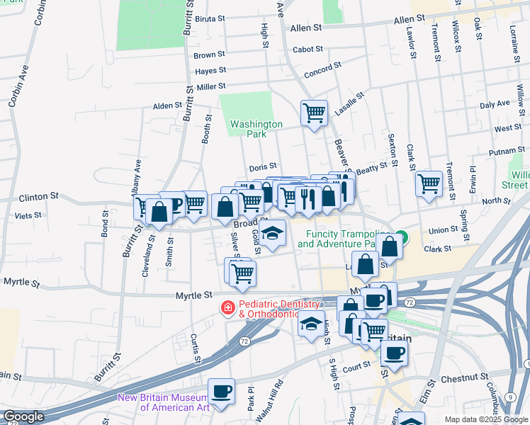 map of restaurants, bars, coffee shops, grocery stores, and more near in New Britain