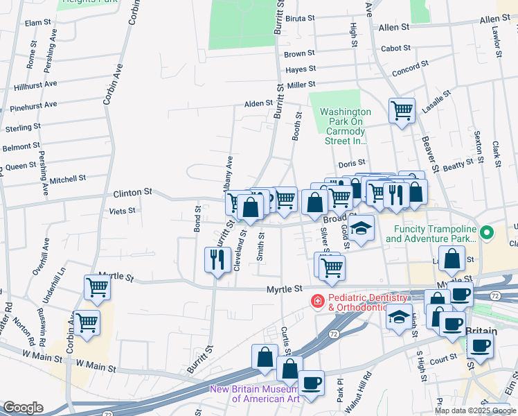 map of restaurants, bars, coffee shops, grocery stores, and more near 307 Broad Street in New Britain