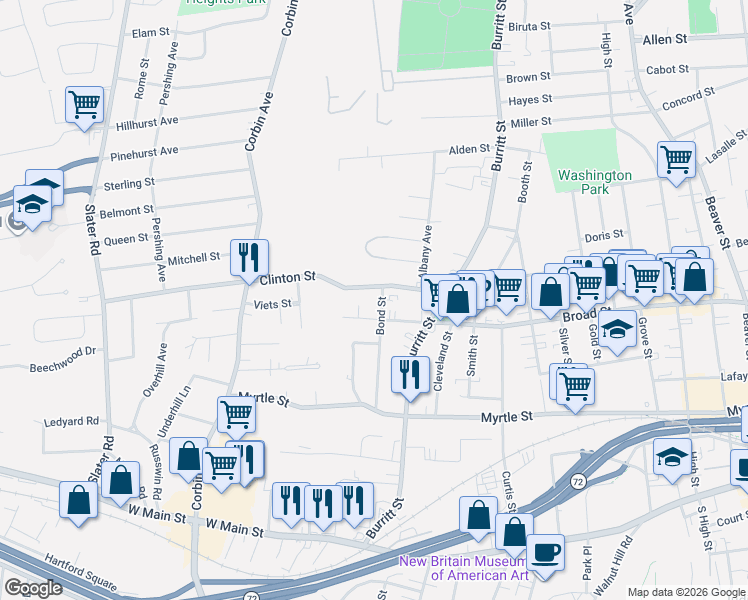 map of restaurants, bars, coffee shops, grocery stores, and more near 411 Broad Street in New Britain