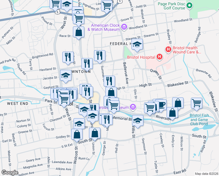 map of restaurants, bars, coffee shops, grocery stores, and more near 233 Main Street in Bristol