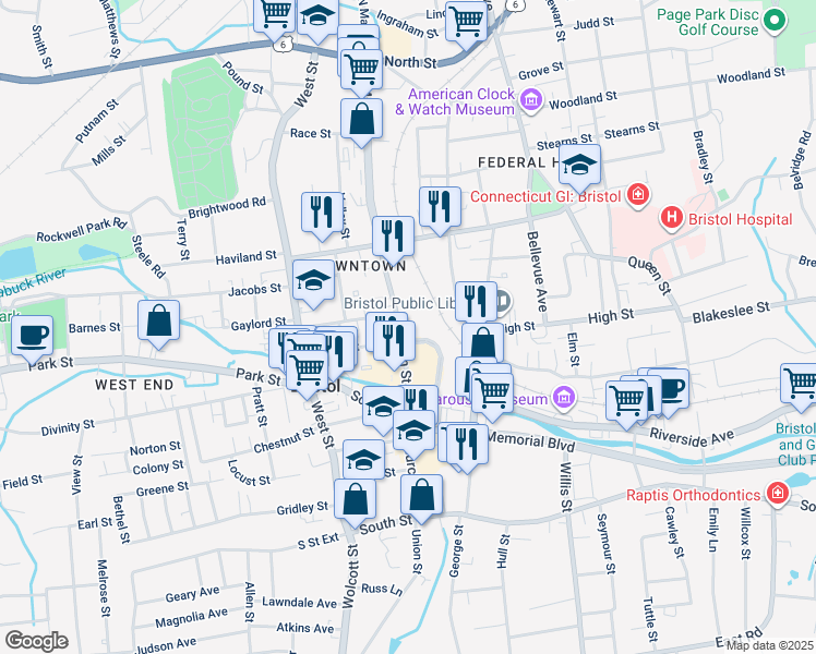 map of restaurants, bars, coffee shops, grocery stores, and more near 38-90 North Main Street in Bristol