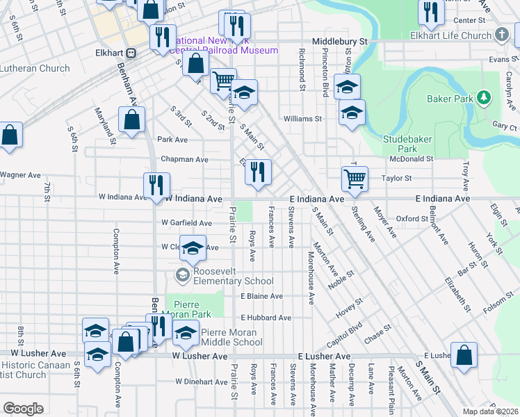 map of restaurants, bars, coffee shops, grocery stores, and more near 215 East Indiana Avenue in Elkhart