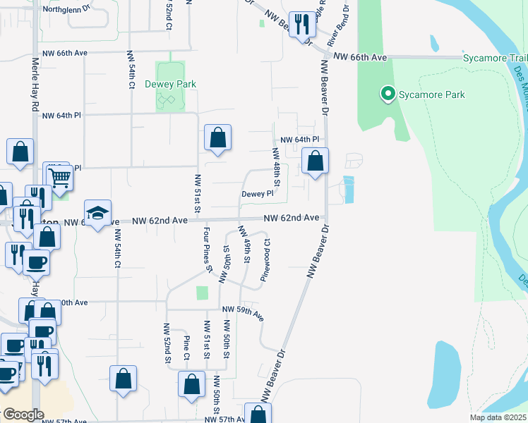 map of restaurants, bars, coffee shops, grocery stores, and more near 4779 Northwest 62nd Avenue in Johnston