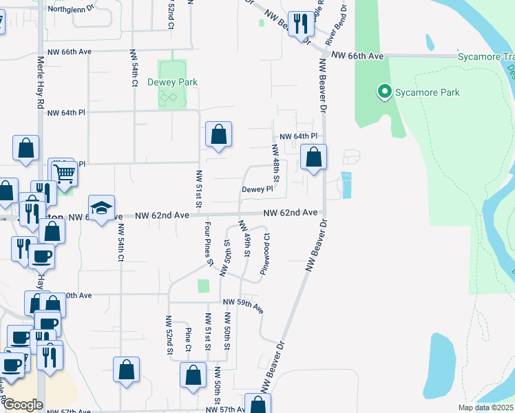 map of restaurants, bars, coffee shops, grocery stores, and more near 4779 Northwest 62nd Avenue in Johnston
