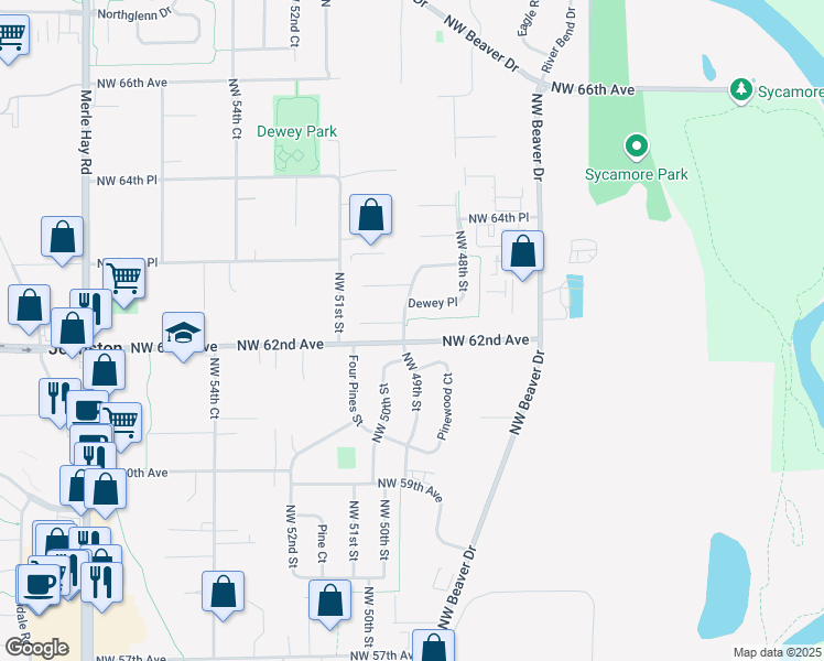 map of restaurants, bars, coffee shops, grocery stores, and more near 6144 Northwest 49th Street in Johnston
