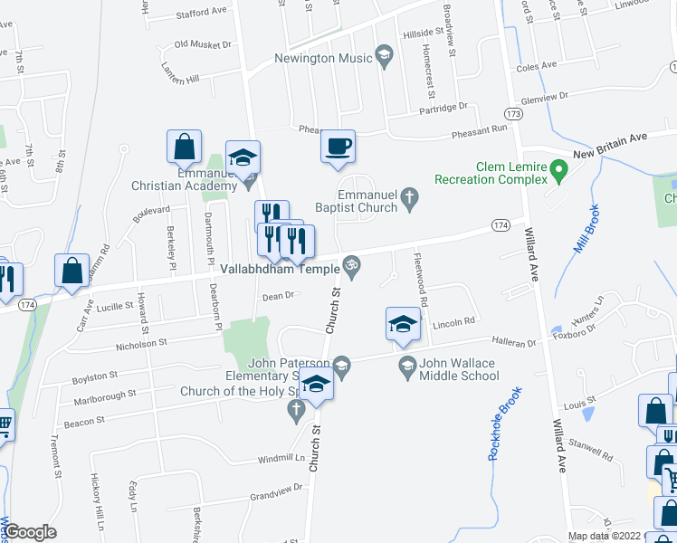 map of restaurants, bars, coffee shops, grocery stores, and more near 12 Church Street in Newington