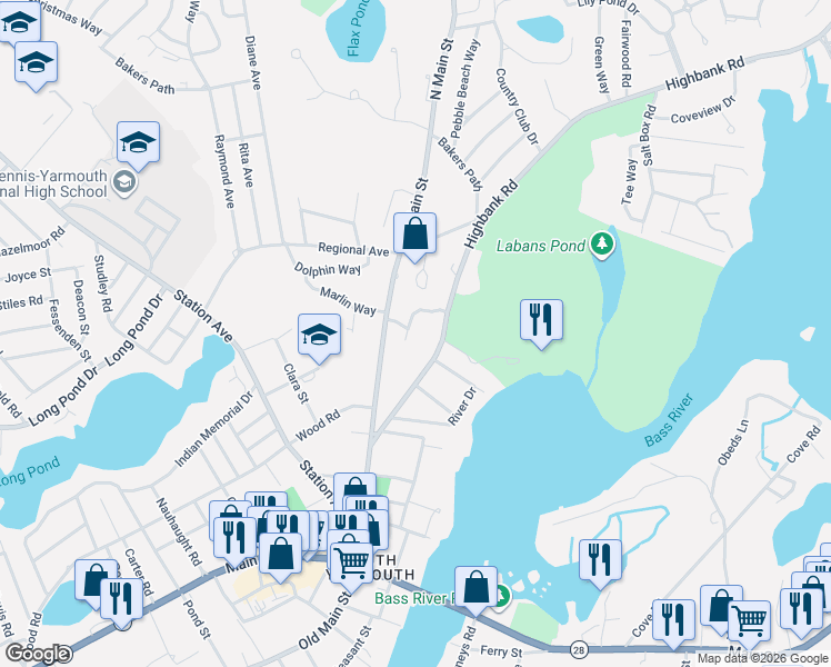 map of restaurants, bars, coffee shops, grocery stores, and more near 130 North Main Street in Yarmouth