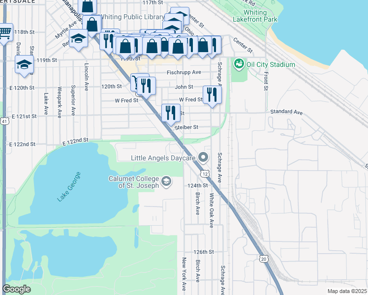 map of restaurants, bars, coffee shops, grocery stores, and more near 2261 Indianapolis Boulevard in Whiting