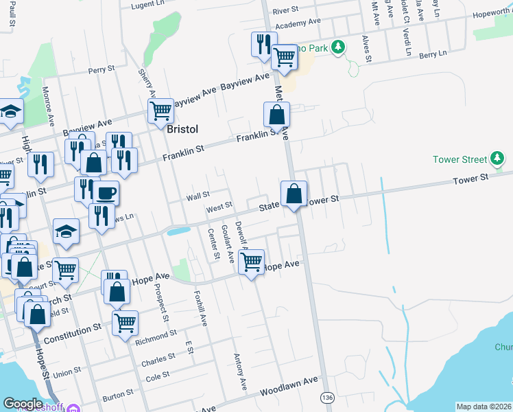 map of restaurants, bars, coffee shops, grocery stores, and more near 323 State Street in Bristol