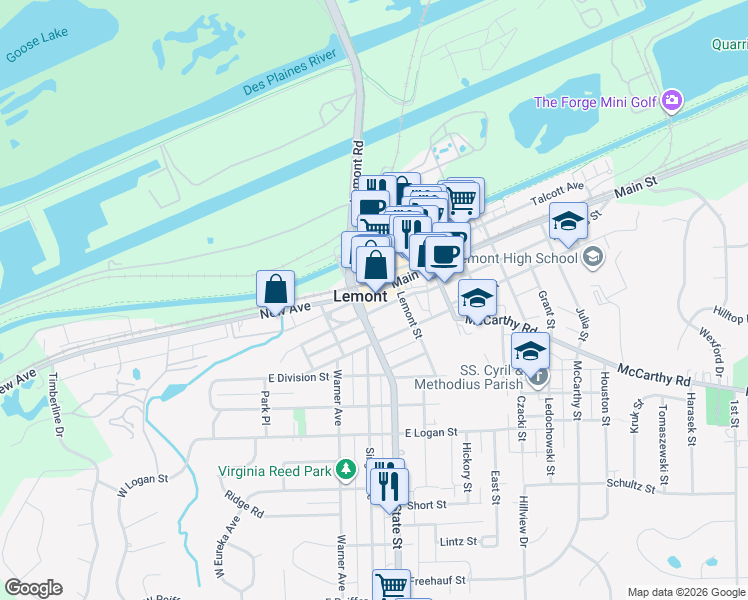 map of restaurants, bars, coffee shops, grocery stores, and more near 214 Main Street in Lemont