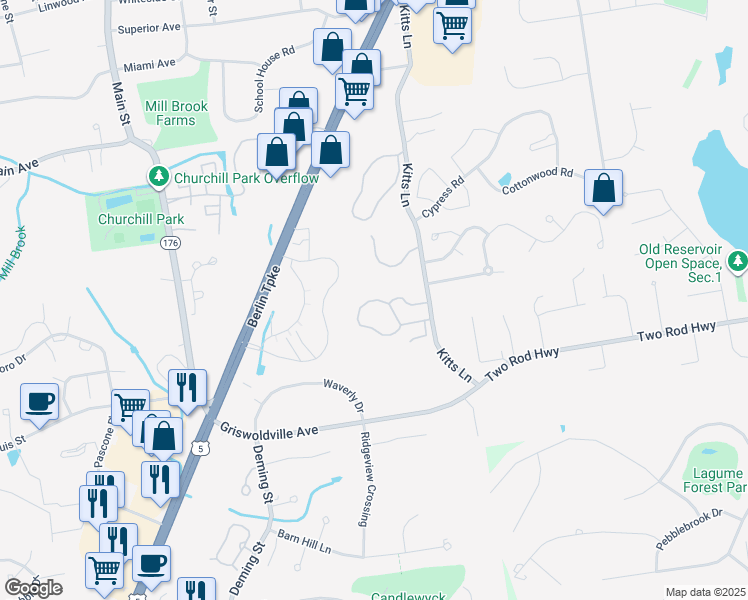 map of restaurants, bars, coffee shops, grocery stores, and more near 316 Griswold Hills Drive in Newington