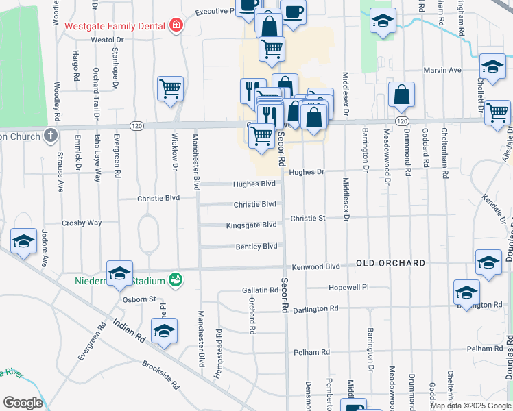 map of restaurants, bars, coffee shops, grocery stores, and more near in Ottawa Hills