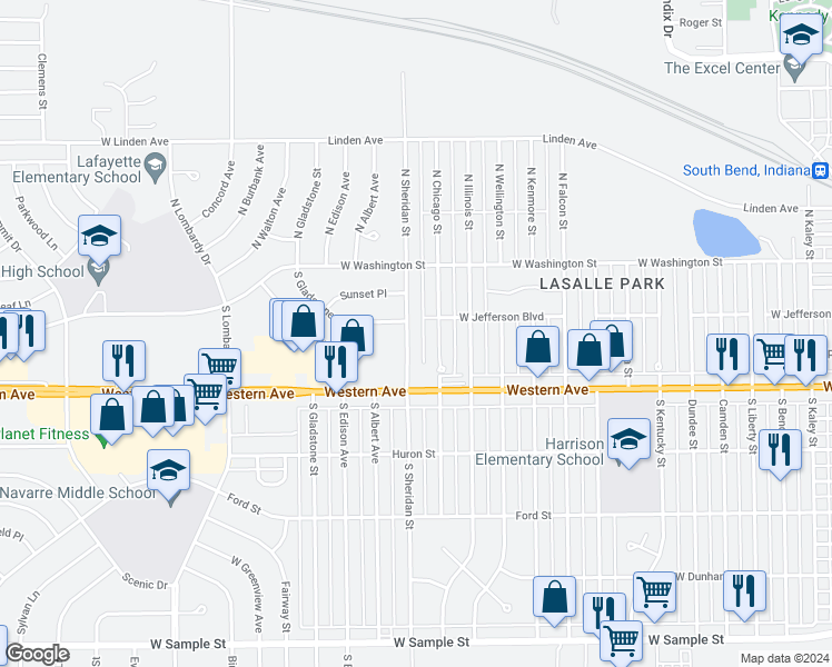 map of restaurants, bars, coffee shops, grocery stores, and more near 214 South Sheridan Street in South Bend