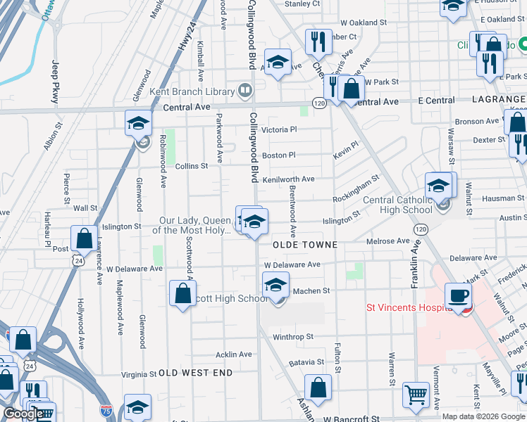 map of restaurants, bars, coffee shops, grocery stores, and more near 435 Islington Street in Toledo