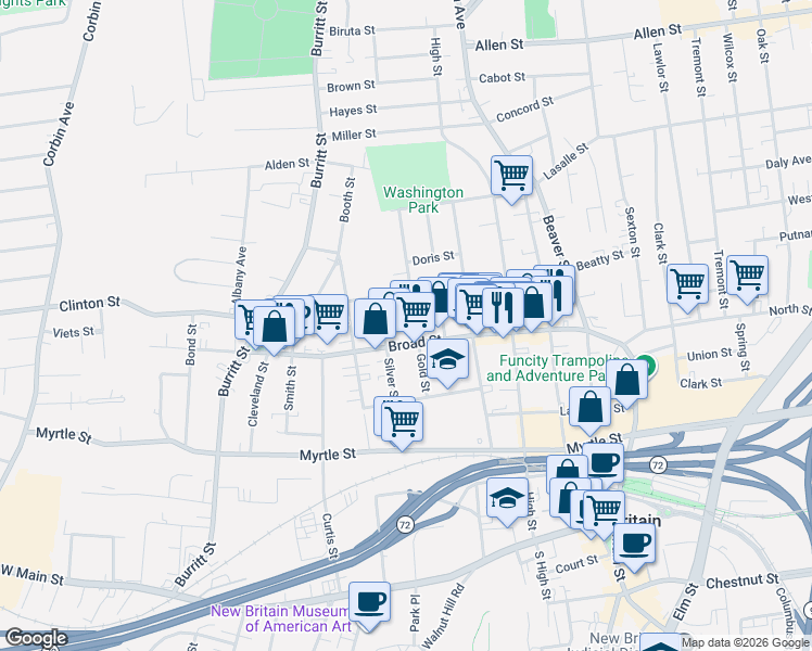 map of restaurants, bars, coffee shops, grocery stores, and more near 185 Broad Street in New Britain