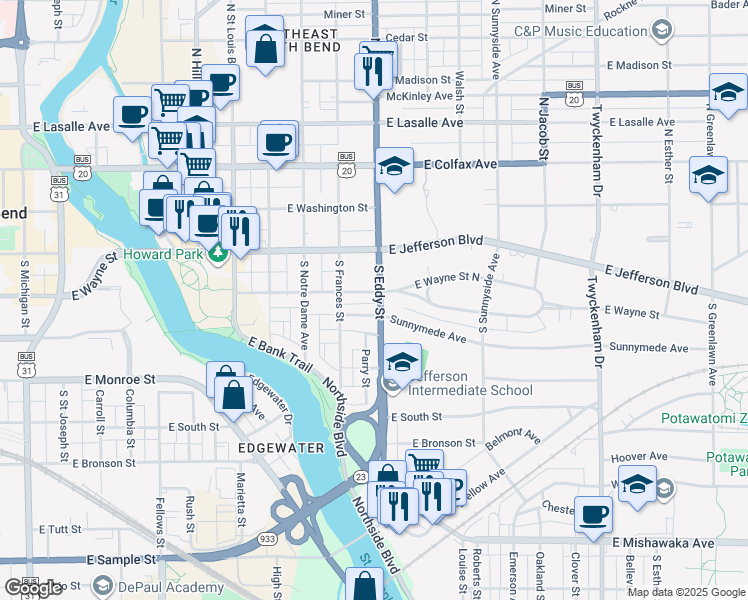 map of restaurants, bars, coffee shops, grocery stores, and more near in South Bend