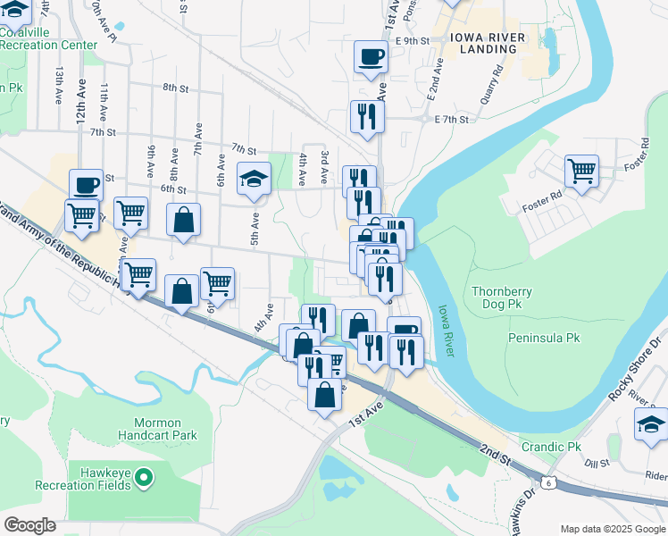 map of restaurants, bars, coffee shops, grocery stores, and more near 210 5th Street in Coralville
