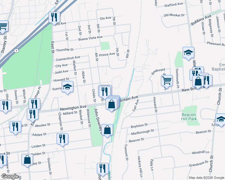 map of restaurants, bars, coffee shops, grocery stores, and more near 90 Sunrise Circle in Newington