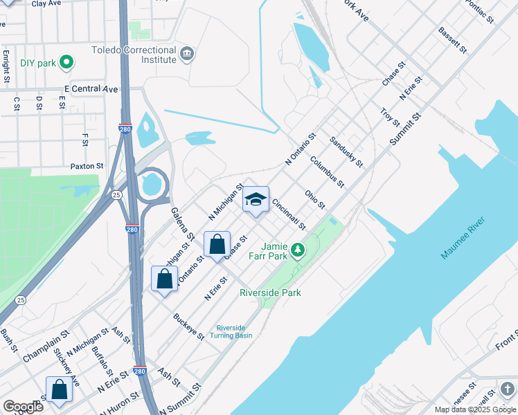 map of restaurants, bars, coffee shops, grocery stores, and more near 2226 North Ontario Street in Toledo