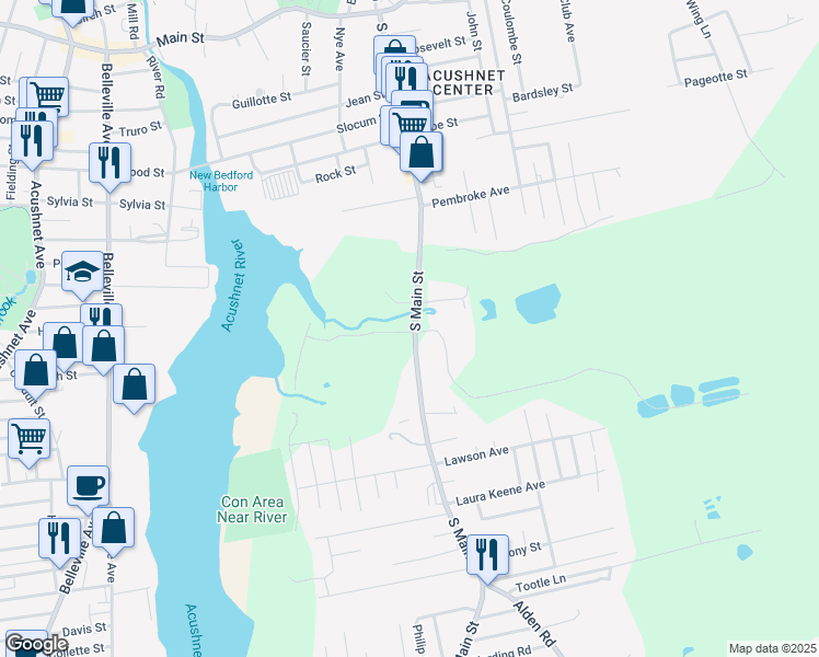 map of restaurants, bars, coffee shops, grocery stores, and more near 91 South Main Street in Acushnet