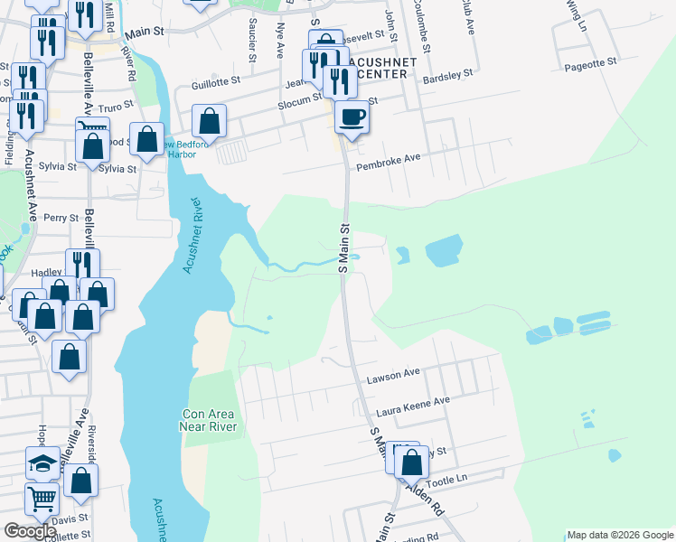 map of restaurants, bars, coffee shops, grocery stores, and more near 89 South Main Street in Acushnet