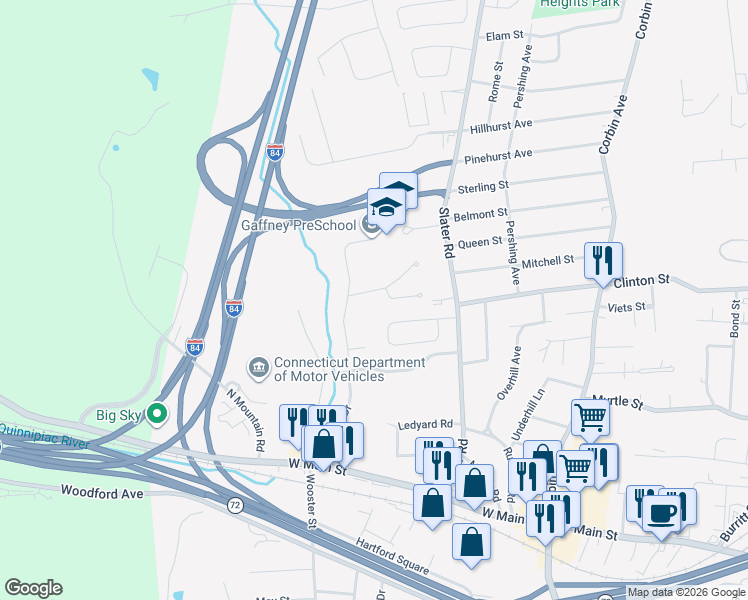 map of restaurants, bars, coffee shops, grocery stores, and more near 81 Torkom Drive in New Britain
