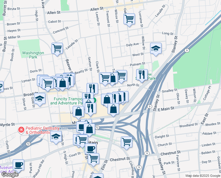 map of restaurants, bars, coffee shops, grocery stores, and more near 26 Union Street in New Britain