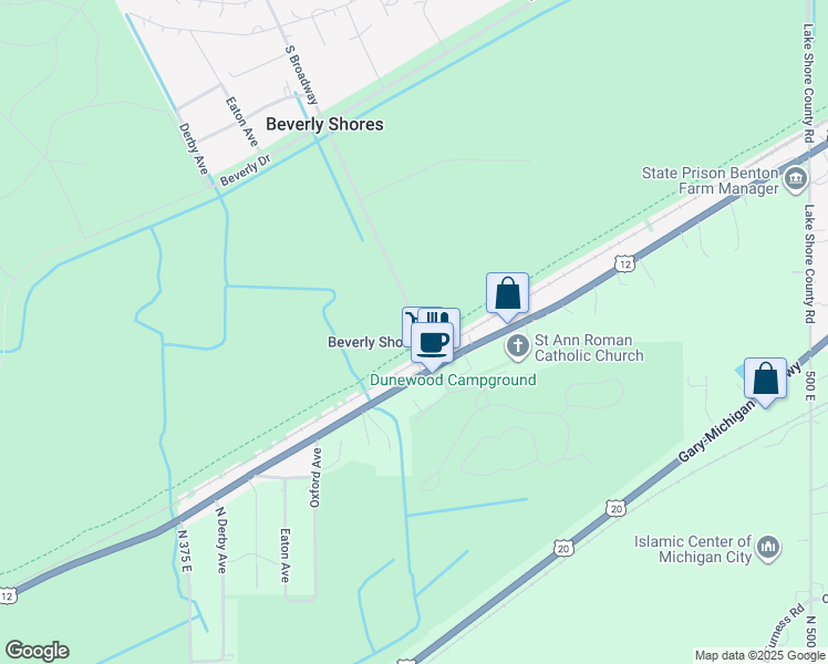 map of restaurants, bars, coffee shops, grocery stores, and more near 500 South Broadway in Beverly Shores