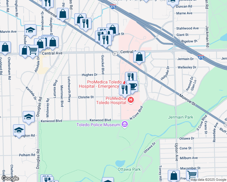 map of restaurants, bars, coffee shops, grocery stores, and more near 2718 Northwood Avenue in Toledo