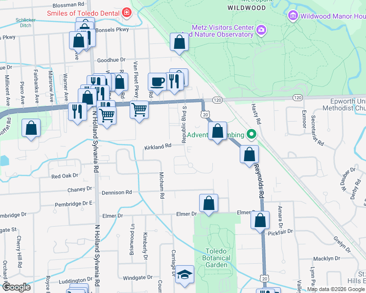 map of restaurants, bars, coffee shops, grocery stores, and more near 5539 Westowne Court in Toledo