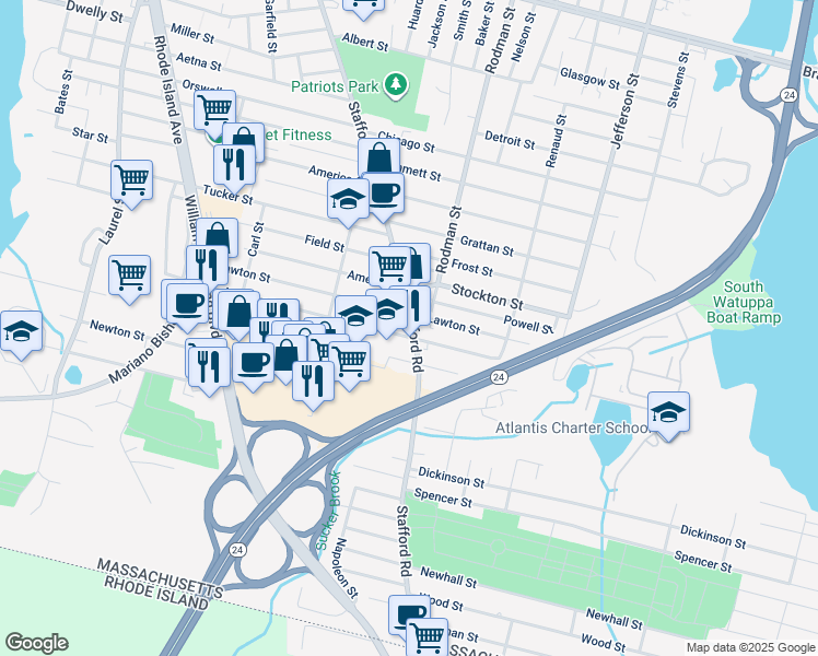 map of restaurants, bars, coffee shops, grocery stores, and more near 1187 Stafford Road in Fall River