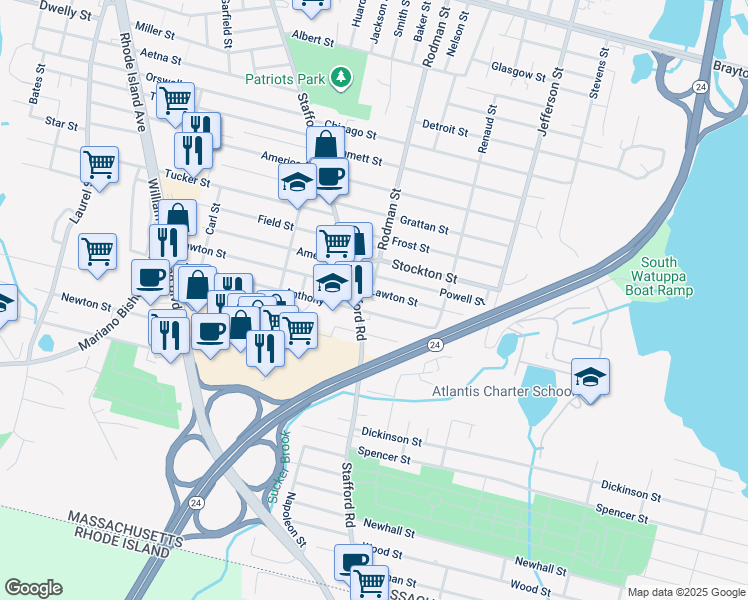 map of restaurants, bars, coffee shops, grocery stores, and more near 507 Anthony Street in Fall River