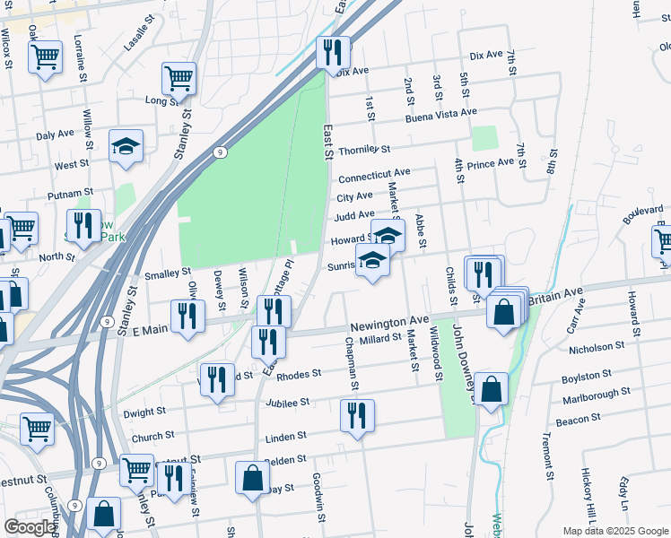 map of restaurants, bars, coffee shops, grocery stores, and more near 39 Chapman Court in New Britain