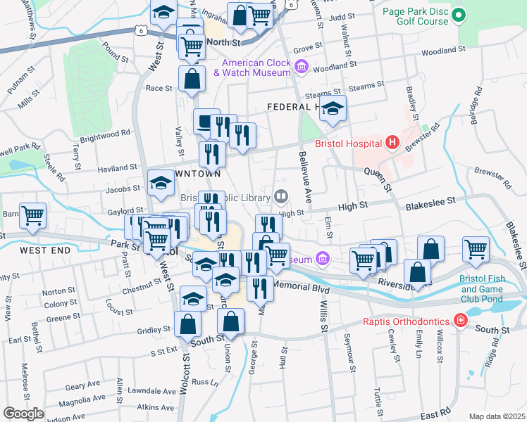 map of restaurants, bars, coffee shops, grocery stores, and more near 233 Main Street in Bristol