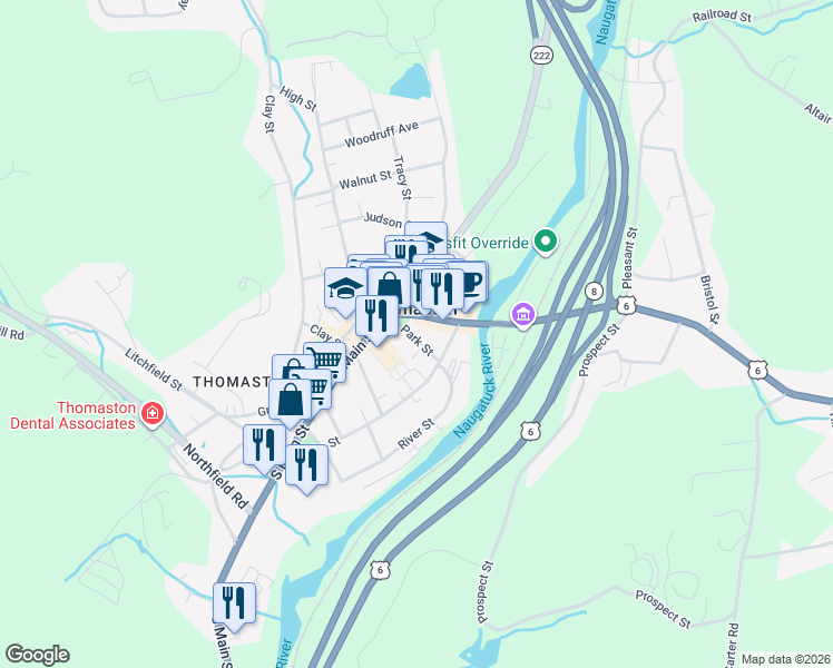 map of restaurants, bars, coffee shops, grocery stores, and more near 30 Park Street in Thomaston