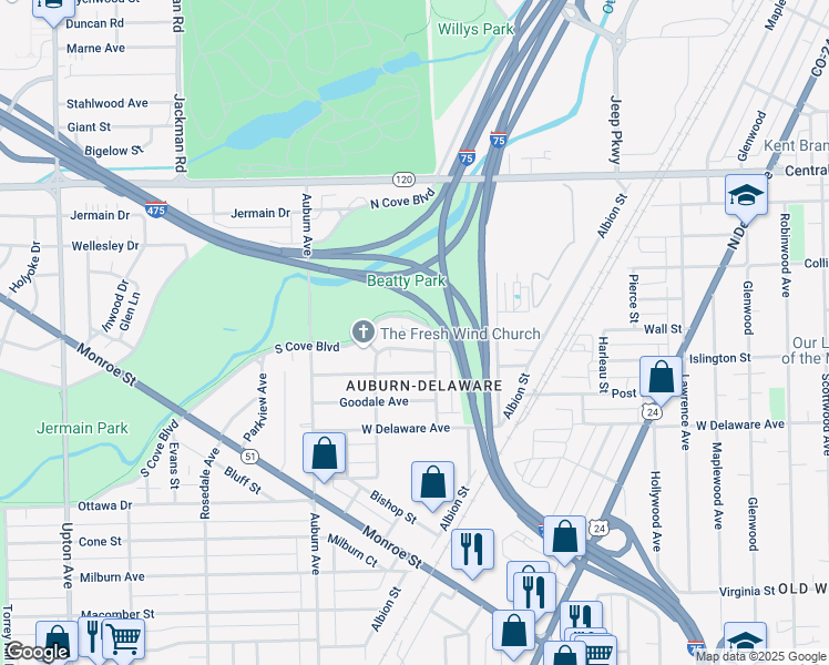 map of restaurants, bars, coffee shops, grocery stores, and more near 1325 Thatcher Drive in Toledo