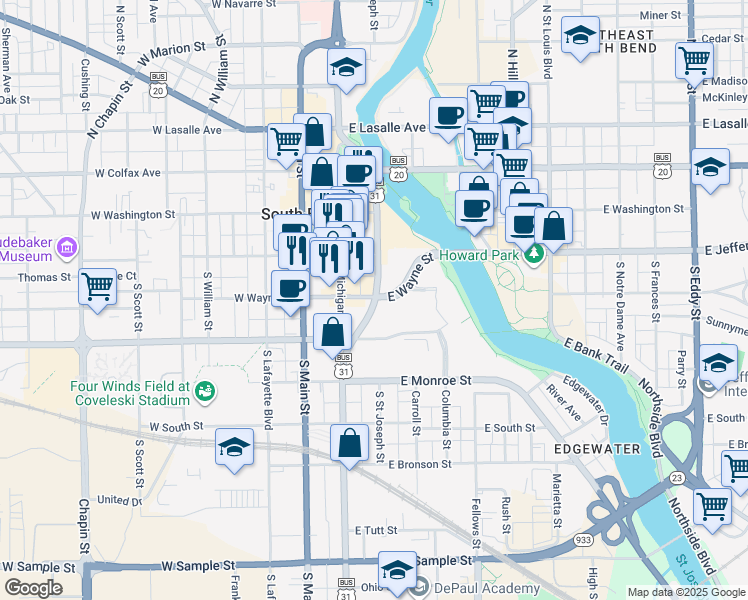 map of restaurants, bars, coffee shops, grocery stores, and more near 316 South Saint Joseph Street in South Bend