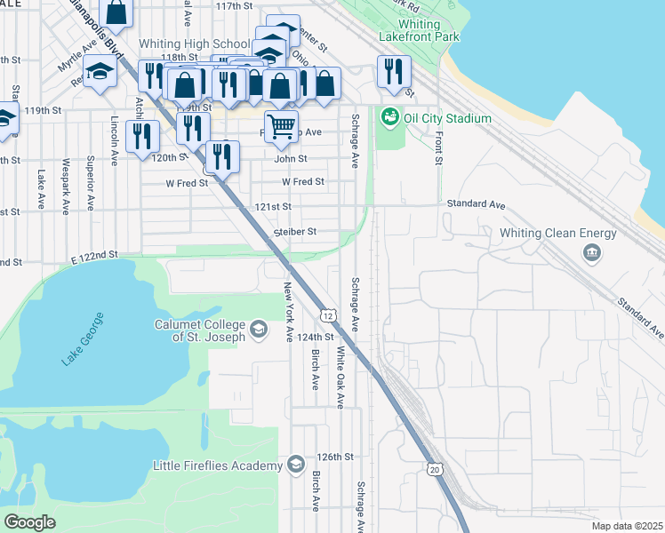 map of restaurants, bars, coffee shops, grocery stores, and more near 2254 White Oak Avenue in Whiting