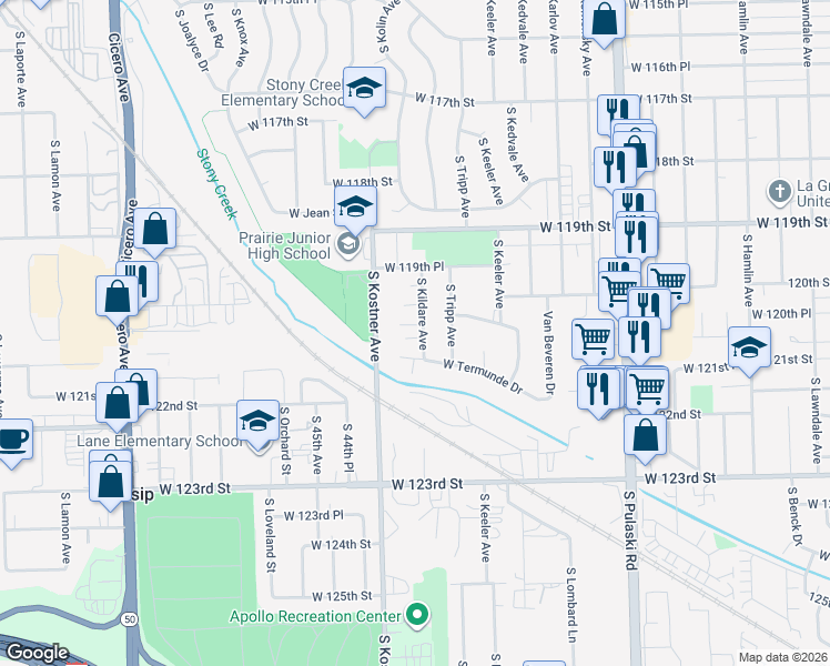 map of restaurants, bars, coffee shops, grocery stores, and more near 12039 South Kildare Avenue in Alsip