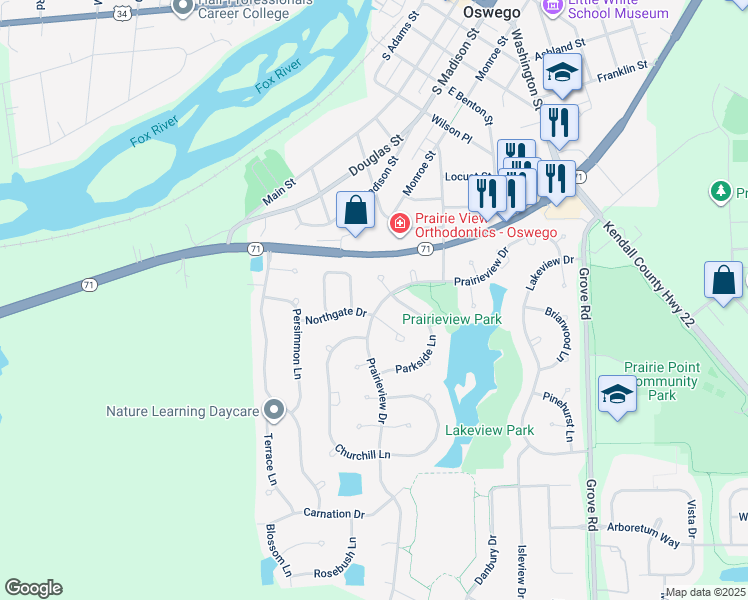 map of restaurants, bars, coffee shops, grocery stores, and more near 403 Highland Court in Oswego