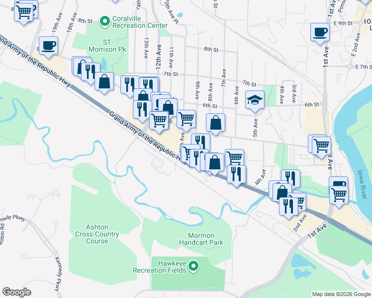 map of restaurants, bars, coffee shops, grocery stores, and more near 913 2nd St in Coralville